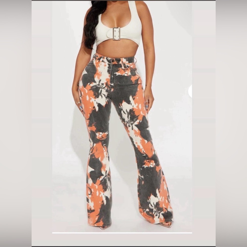 Fashion Nova "Always Standing Out" Stretch Print Flare Jeans Orange and Black